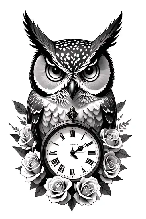 Owl Head With Clock Underneath With Roses Surrounding