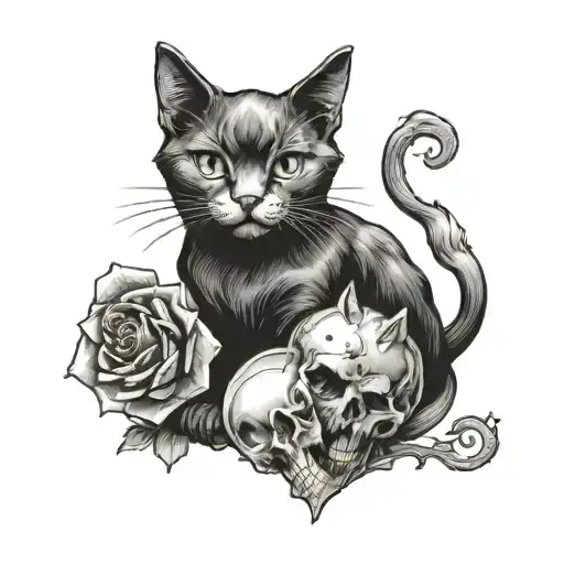 Black Cat And Skull With Heart-shaped Eye Sockets