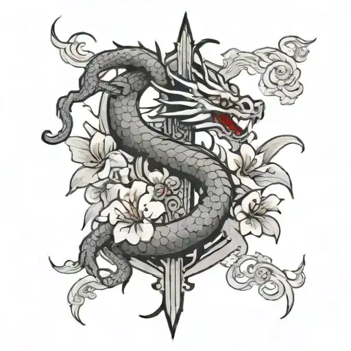 Cross With Dragon And Sakura
