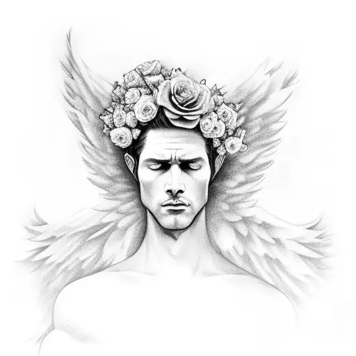 Angel Man Looking Down In A Realistic Sky Behind Flowers Above Your Head