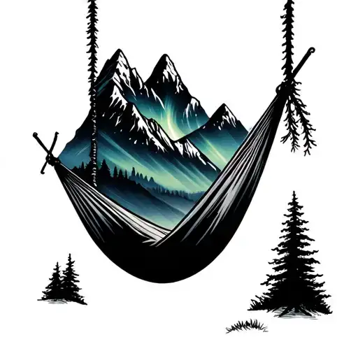 Color Tattoo Of Hammock By Mountains With Northern Lights