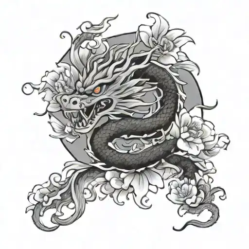 Chinese Dragon And Hisbiscus Flower