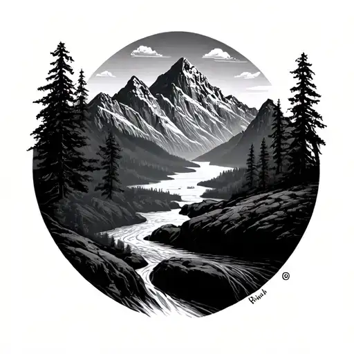 Mountain Ranges And River With Sunrise