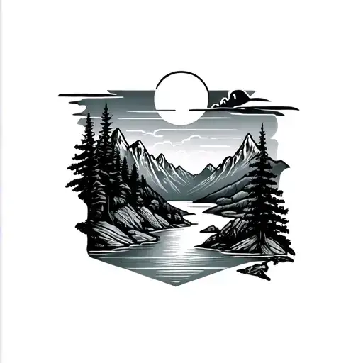 Mountain Ranges And River With Sunrise Forearm