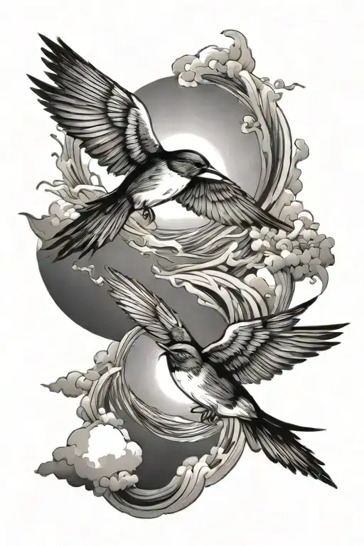 Two Swallows Flying Over Ocean With Sunset In Background