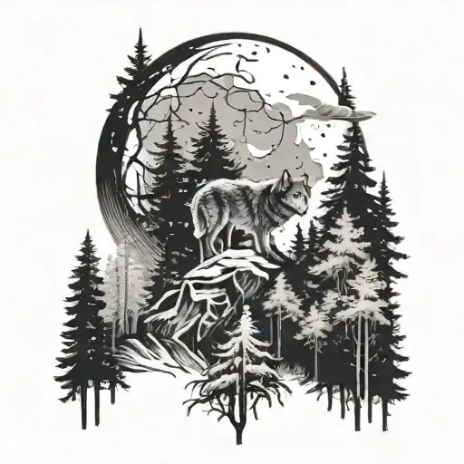 Forest And Wolf With Moon