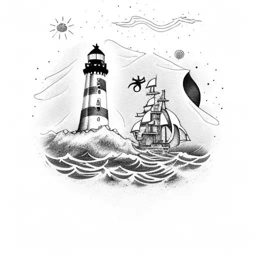 A Lighthouse Guiding A Pirate Ship Through Treacherous Waters Under A Starry Night Sky
