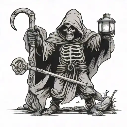 Hooded Reaper Silohuett Walking With Stick And Lamp In Hands