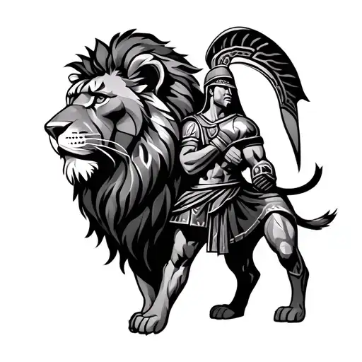 Tattoo Of A Lion And A Spartan Warrior