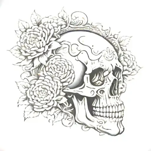 Chrysanthemum Flower And Skull Tombstone Symbolizing Death