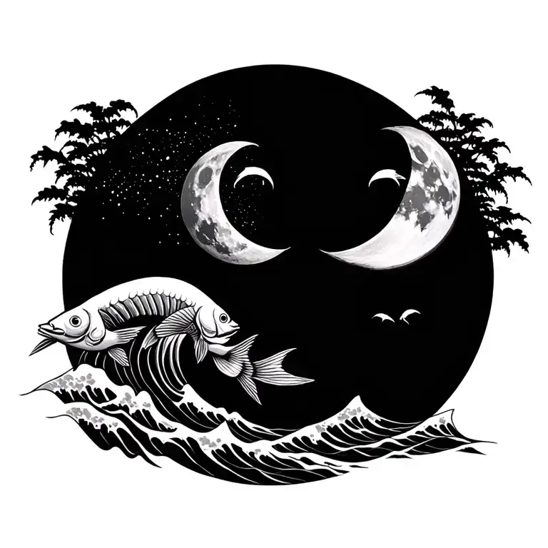 Phases Of The Moon In The Middle Of The Female Coast With Wave Details And Two Fish In Circle