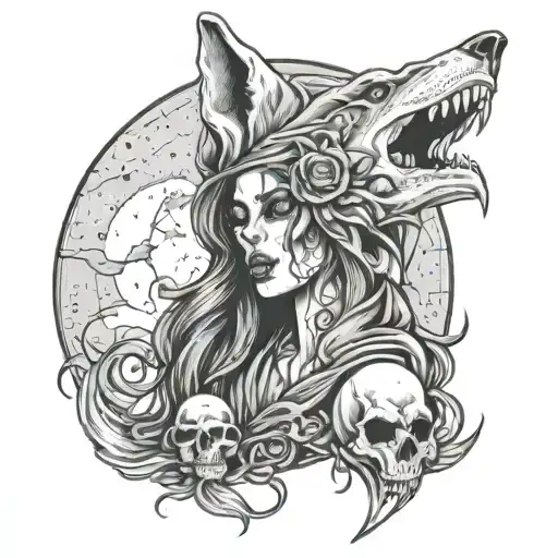 Howling Wolf Moon Skull Grimreaper Girl