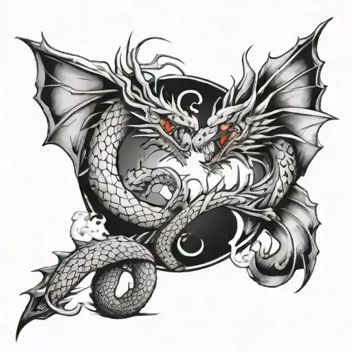 Sketch Of Two Dragons In As Ying Yang Blowing Fire At Each Other In The Shape Of A Broken Heart