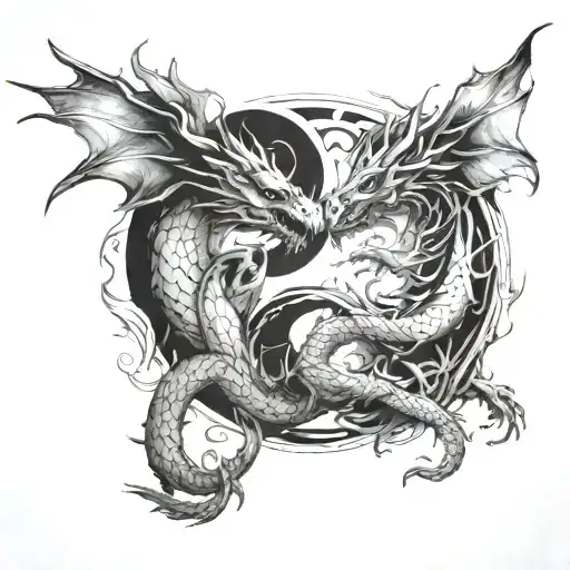 Sketch Of Two Dragons In As Ying Yang Blowing Fire At Each Other In The Shape Of A Broken Heart