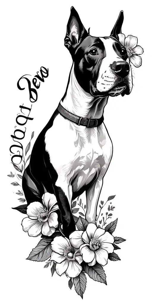 Black And White Full Arm Sleeve With An English Bull Terrier And Flowers And The Name Devo
