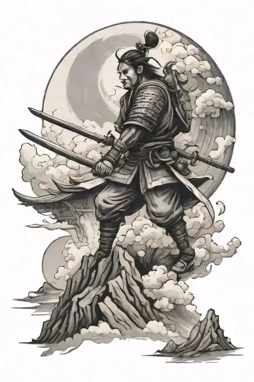 Samurai Outside Temple With Clouds And Moon And Mountains