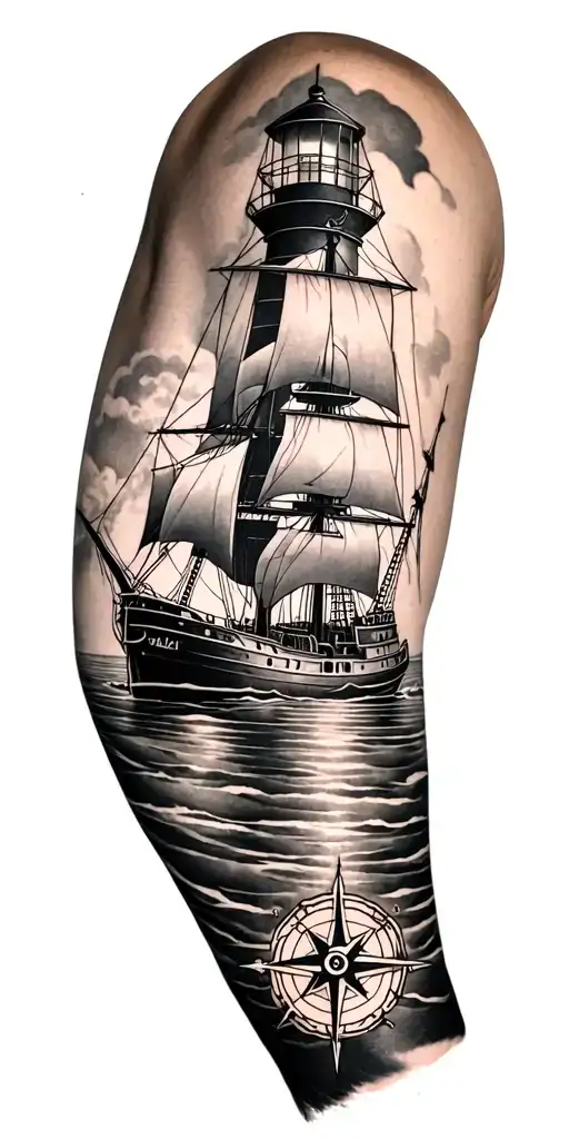 Tattoo Armsleeve Lighthouse With A Compass And Sailing Ship On Rauer See