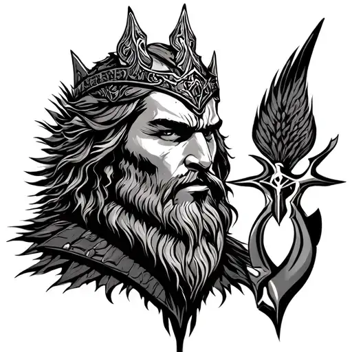 A Black And White Tattoo Design Of Taken King Hunter Set With Hunter Symbol