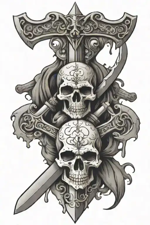 3 Skulls On A Sword With Blood Leaking
