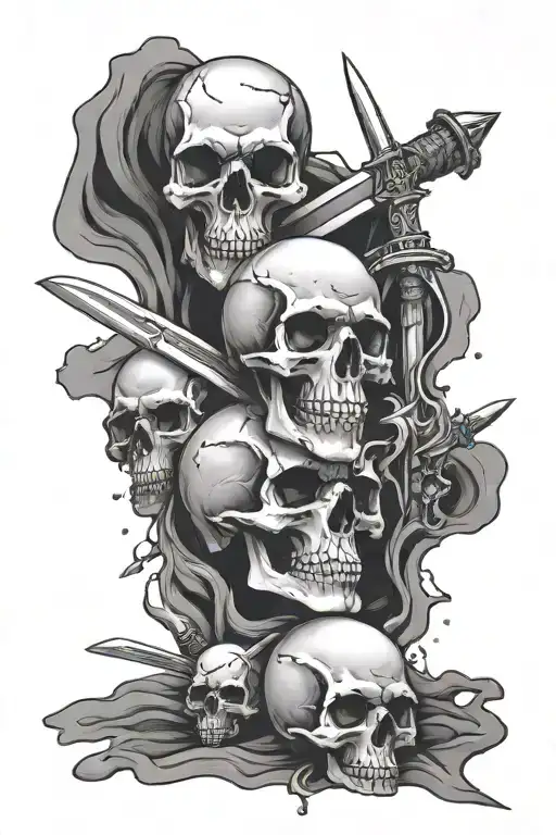 3 Skulls On 1 Sword With Blood Leaking