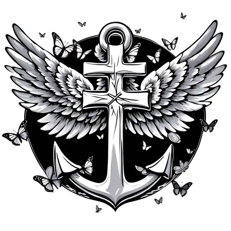 Cross And Anchor Connected With Wings Spread Wide With Butterflies Flying Around