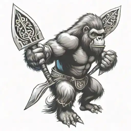 Gorilla In Gladiator Armor Holding A Pitchfork Going