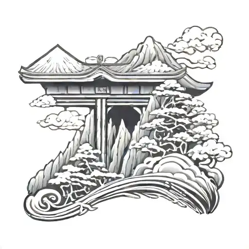 Japanese Tori With Moutain In The Back In Black Grey Portrait