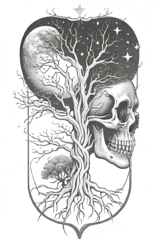 Tree Of Life With Moon And Stars And Roots Growing Out Of Skull
