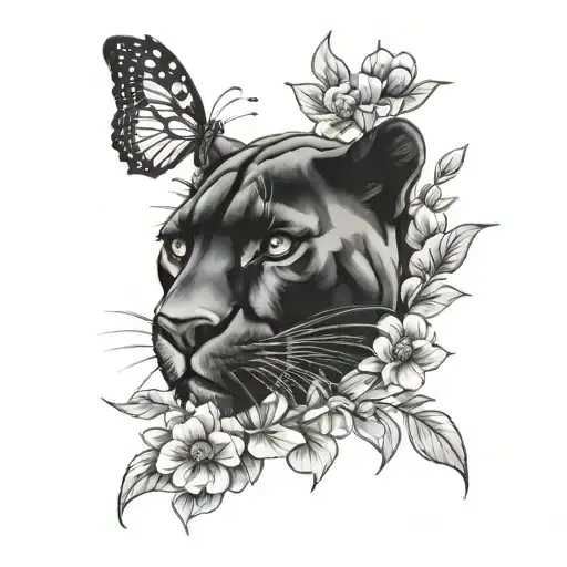 Black Panther With Flower And Butterfly