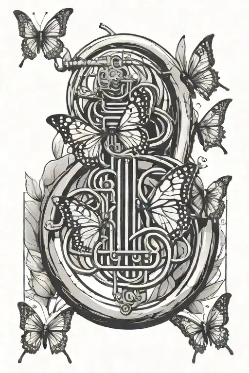 One Line Drawing French Horn And Two Butterflies