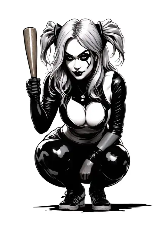 Harley Quinn Squatting With A Baseball Bat