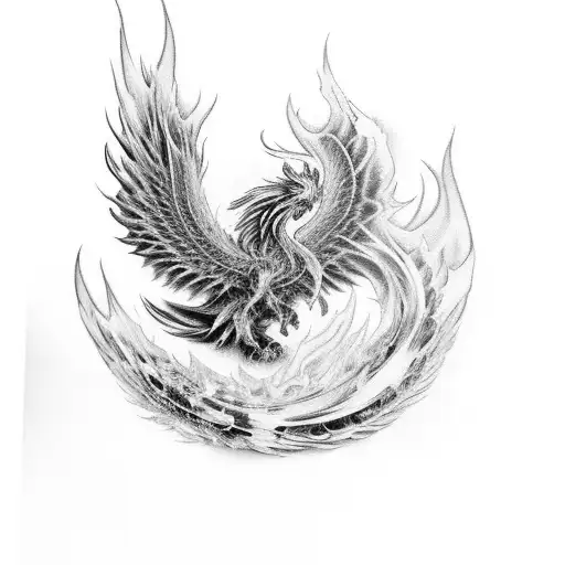 A Black And Grey Phoenix Design With A Realistic And Detailed Portrayal Of Flames And Feathers