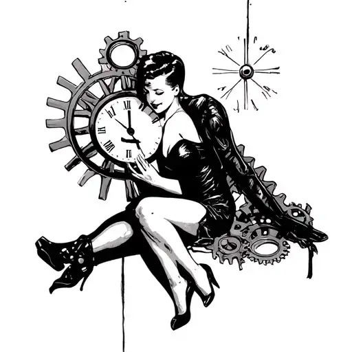 Pin-up Girl Sitting With Him Clock Gears
