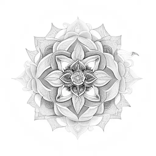 A Black And Grey Tattoo Of A Mandala With Lilies Intertwined In The Design