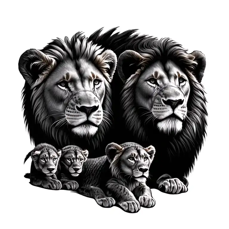 Adult Lions And Three Cubs