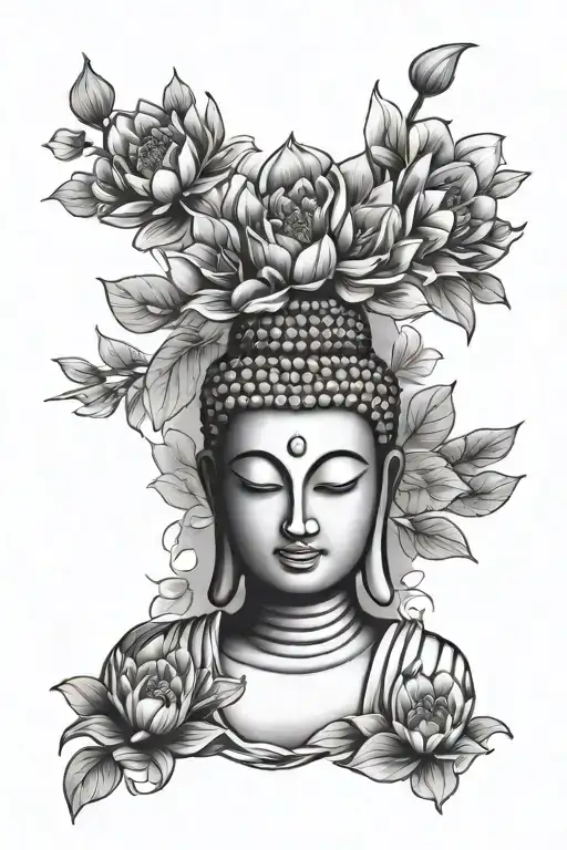 Female Buddha Tattoo With Flowers Surrounding It