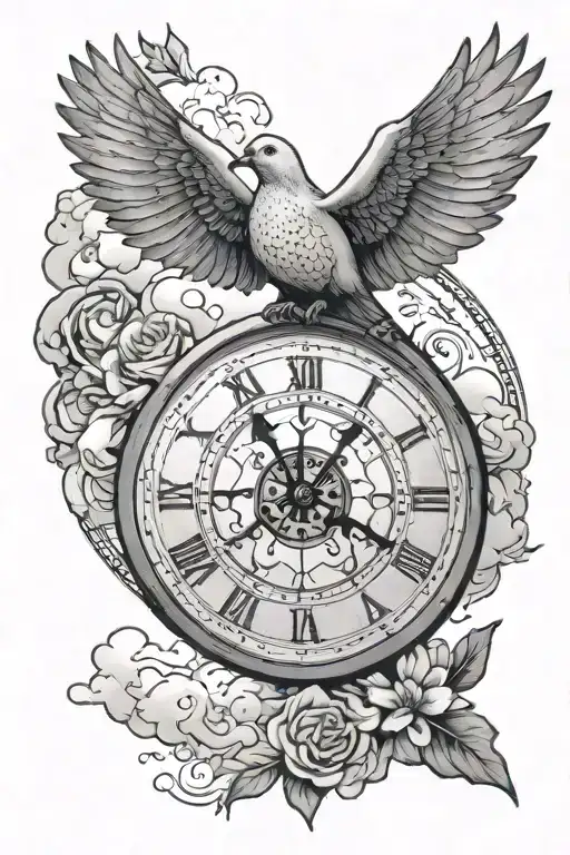Breaking Clock Face Dove Flying In Clouds Floating