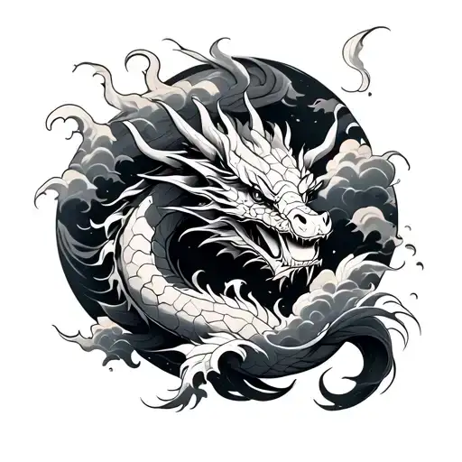 Dragon In Clouds And Waves