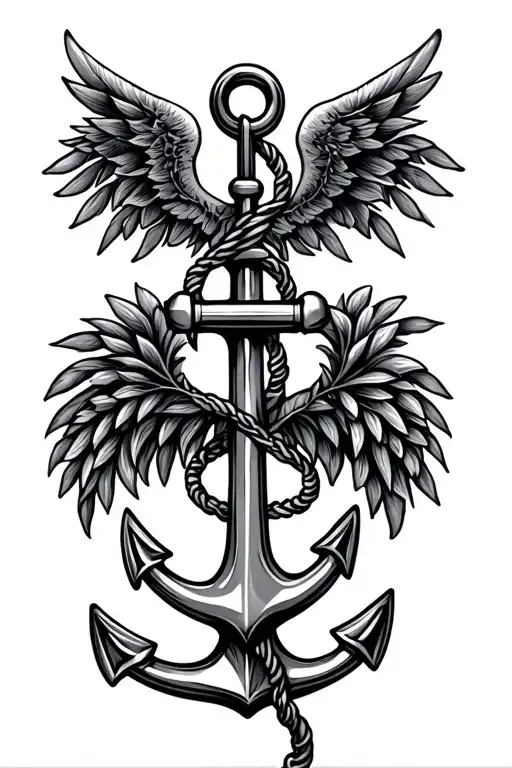 Anchor With Laurel Palms Wings