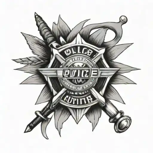 A Black-grey Tattoo Of A Police Badge Surrounded By Brazilian Jiu Jitsu Gear