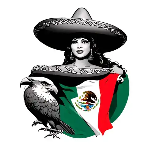 A Woman With A Sombrero And An Eagle And Mexican Flag