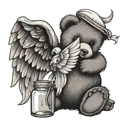 Teddy Bear With Angel Wings Holding Jar Of Dragon Flies
