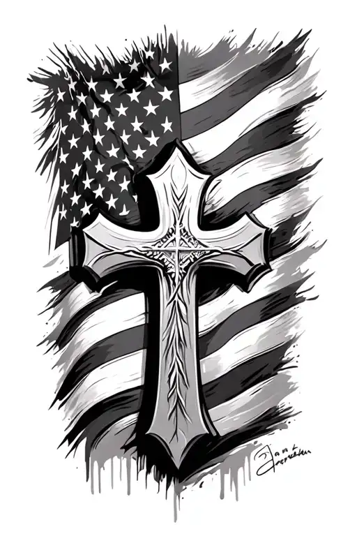 Black Cross Tatoo With Usa Flag Shading Behind It