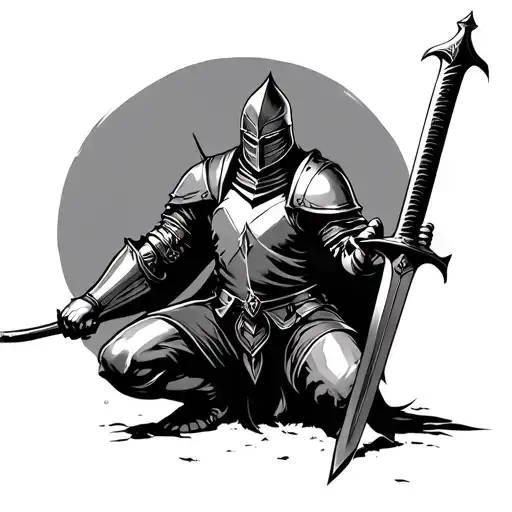 Knight On One Knee Holding A Sword Piercing