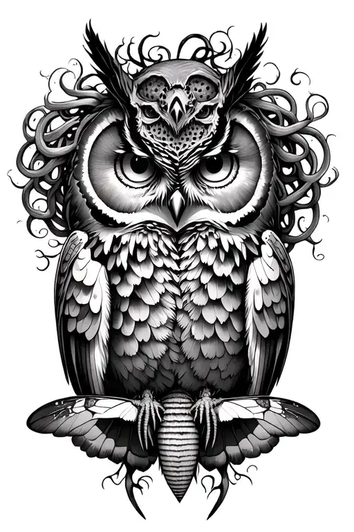 An Owl With A Death Moth And Medusa Head