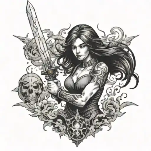 Girl With Sword And Fire Surrounded