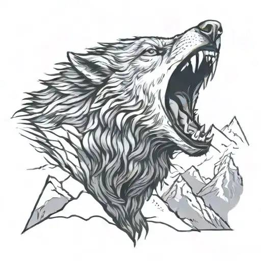 Growling Wolf And Mountains