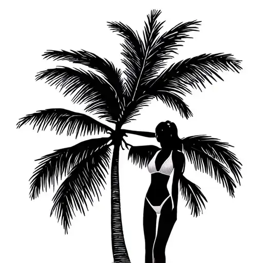 Girl Swim Suit Standing Palm Tree Silhouette