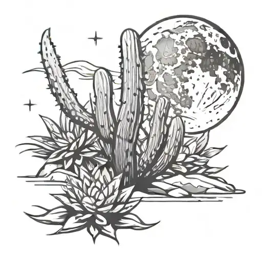 Waning Crescent Moon And Cactus