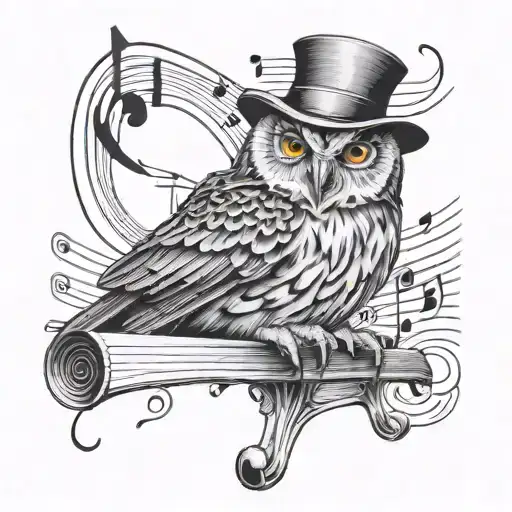 Design A Tattoo Of An Owl Perched On A Music Staff With A Pedagogue's Hat In The Background